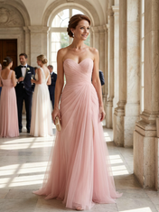 Pink Ruched Slit Tulle Strapless Sleeveless Sheath Gown Dress