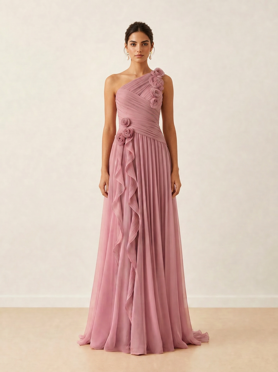 Chiffon A-Line/Princess One-Shoulder Floor-Length Evening Dresses with Ruffles