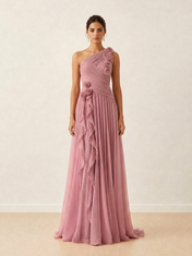 Chiffon A-Line/Princess One-Shoulder Floor-Length Evening Dresses with Ruffles
