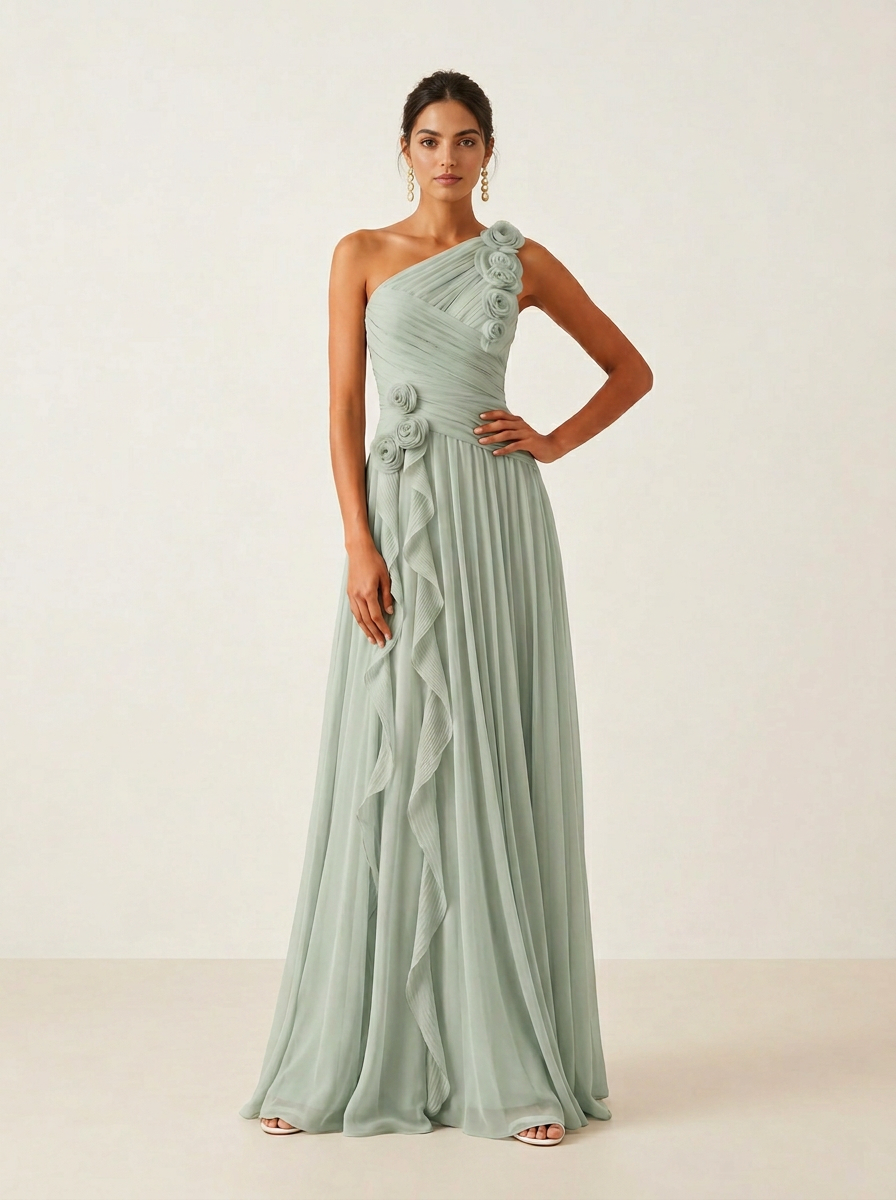 Chiffon A-Line/Princess One-Shoulder Floor-Length Evening Dresses with Ruffles