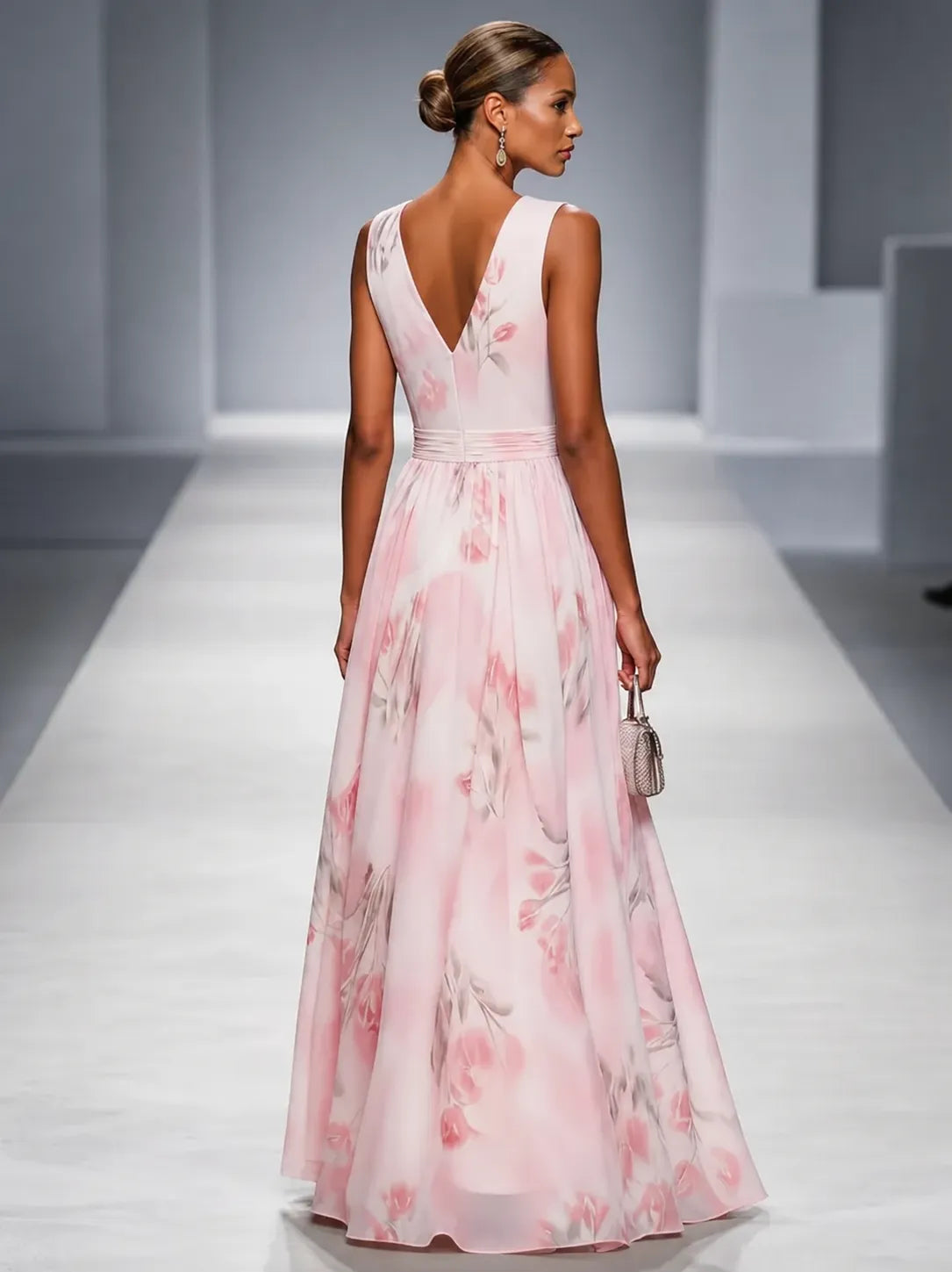 Romantic Light Pink Floral Print Chiffon A-Line Evening Gown with Ruched V-Neck