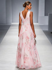 Romantic Light Pink Floral Print Chiffon A-Line Evening Gown with Ruched V-Neck