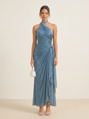 Crossover Halter Neck Ruched Mesh Floor-Length Evening Dresses with Side Drape