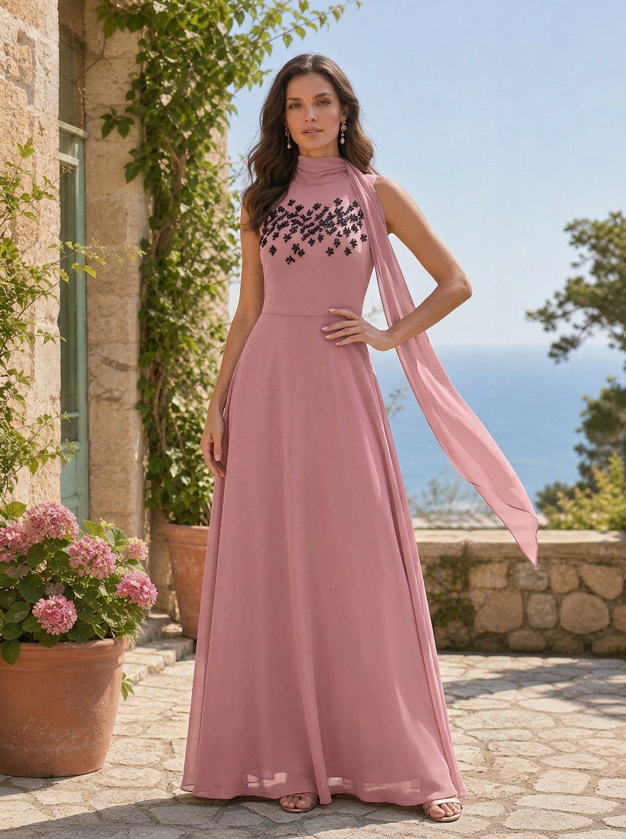 High-Neck Floral Beaded Chiffon A-Line Evening Dresses with Shoulder Drape