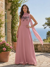 High-Neck Floral Beaded Chiffon A-Line Evening Dresses with Shoulder Drape