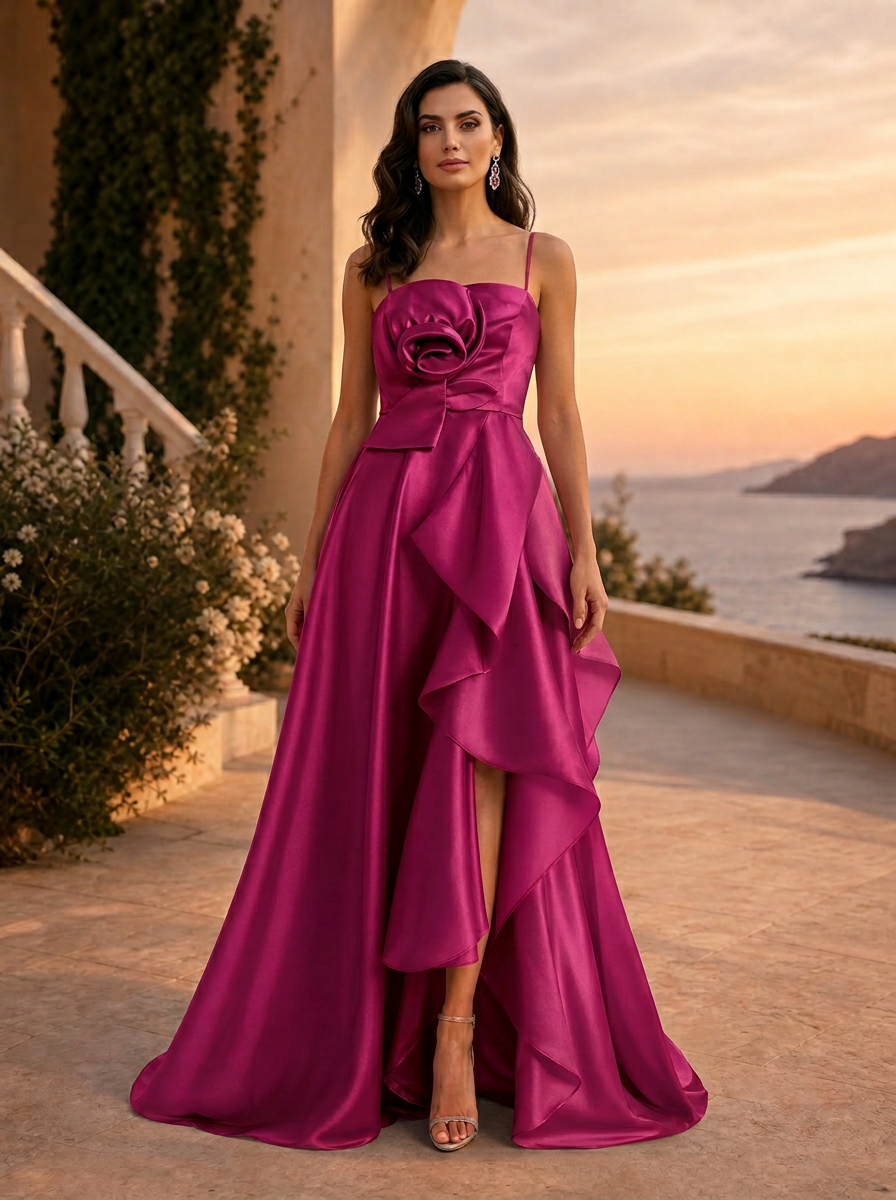 Spaghetti Strap 3D Rose Satin High-Low Evening Dresses with Cascading Ruffles