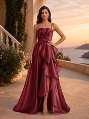 Spaghetti Strap 3D Rose Satin High-Low Evening Dresses with Cascading Ruffles