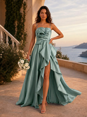 Spaghetti Strap 3D Rose Satin High-Low Evening Dresses with Cascading Ruffles