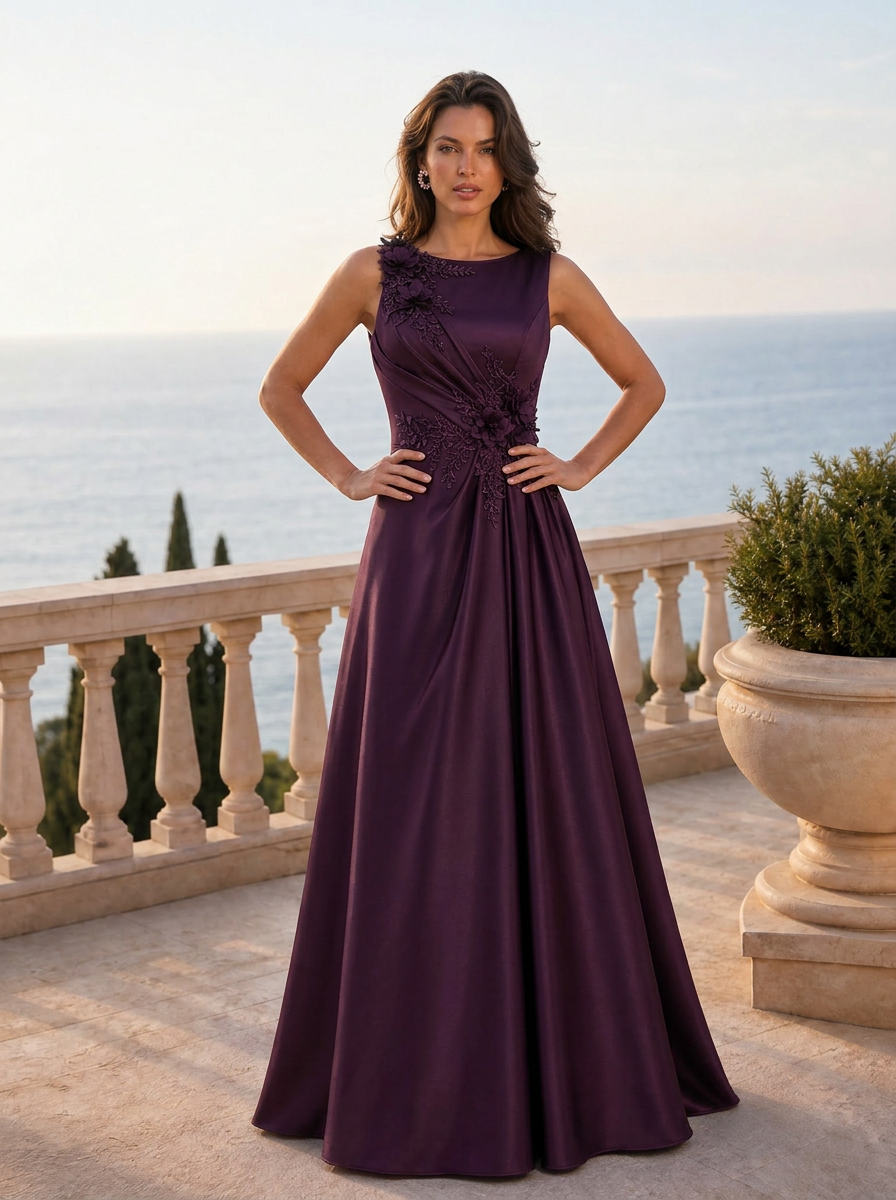 Floral Appliqued Sleeveless Pleated Satin Evening Dresses