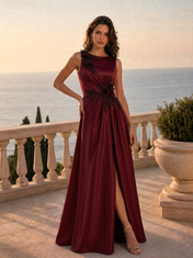Floral Appliqued Sleeveless Pleated Satin Evening Dresses