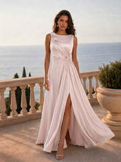 Floral Appliqued Sleeveless Pleated Satin Evening Dresses