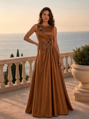 Floral Appliqued Sleeveless Pleated Satin Evening Dresses