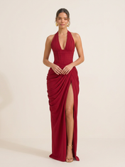 Halter Sweetheart Red Crepe Evening Dresses with Draped Slit Skirt