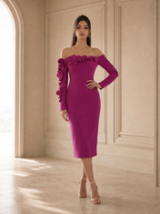 Off-the-Shoulder Navy Blue Crepe Evening Dresses with 3D Floral Applique Sleeve