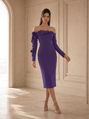 Off-the-Shoulder Navy Blue Crepe Evening Dresses with 3D Floral Applique Sleeve