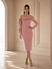 Off-the-Shoulder Navy Blue Crepe Evening Dresses with 3D Floral Applique Sleeve