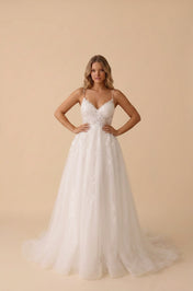 Elegant Floral Lace A-Line Wedding Dress with Spaghetti Straps and Sweep Train