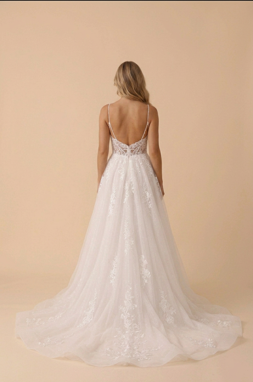 Elegant Floral Lace A-Line Wedding Dress with Spaghetti Straps and Sweep Train