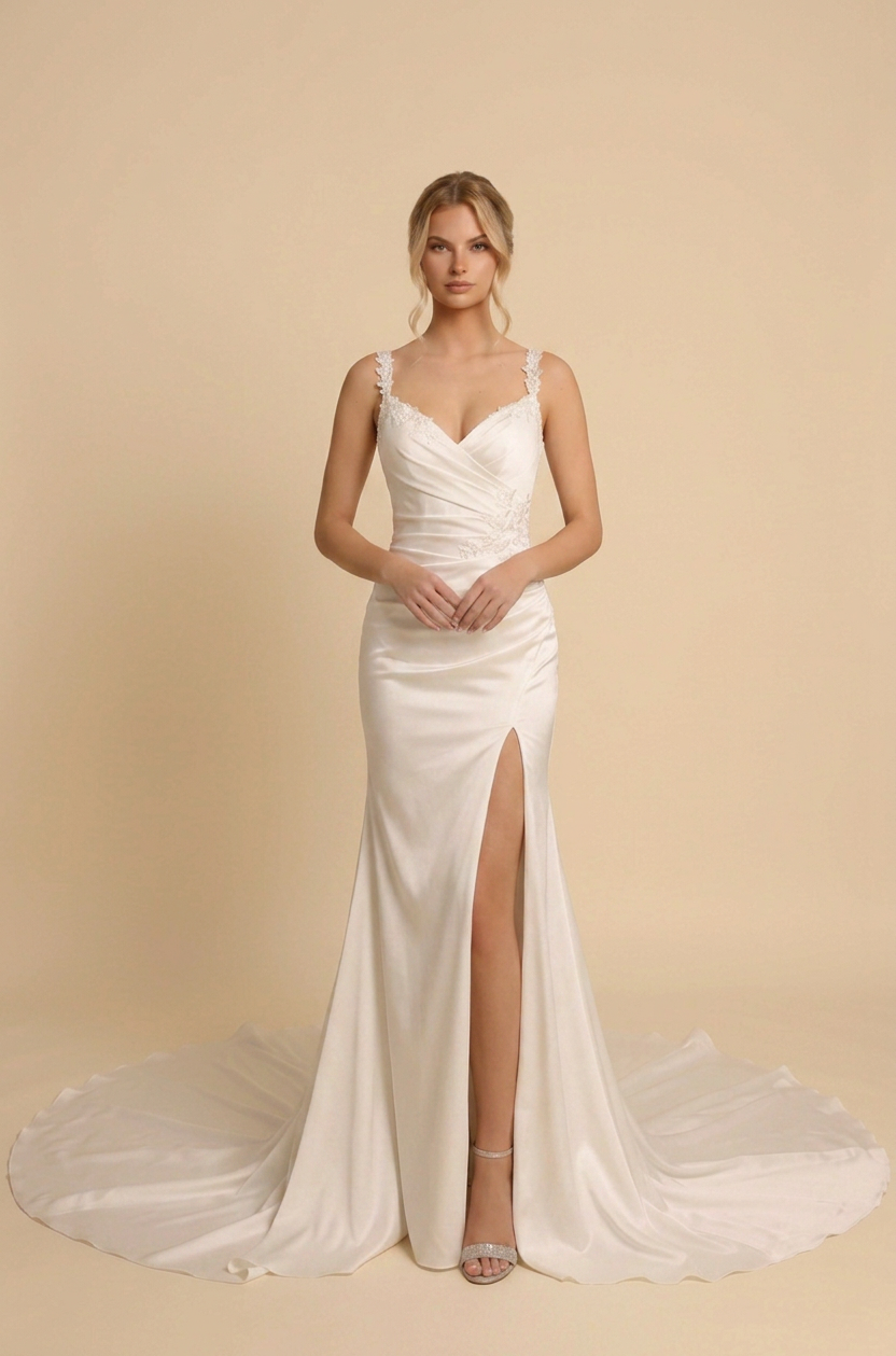Elegant Cowl Neck Satin Mermaid Wedding Dress with Spaghetti Straps and Sweep Train