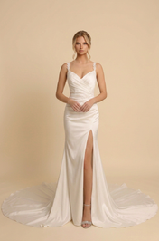 Elegant Cowl Neck Satin Mermaid Wedding Dress with Spaghetti Straps and Sweep Train
