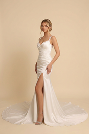 Elegant Cowl Neck Satin Mermaid Wedding Dress with Spaghetti Straps and Sweep Train