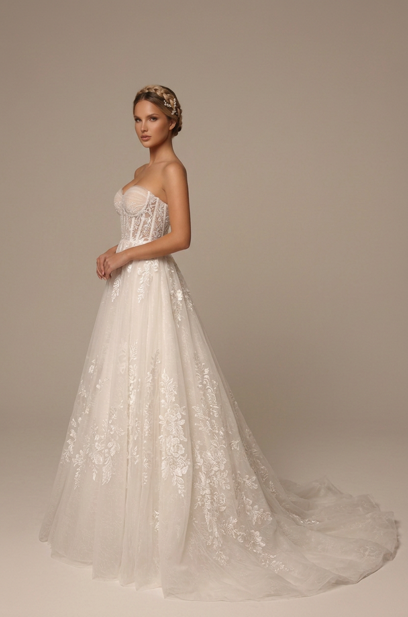 Elegant Strapless Lace A-Line Wedding Dress with Corset Bodice and Sweep Train
