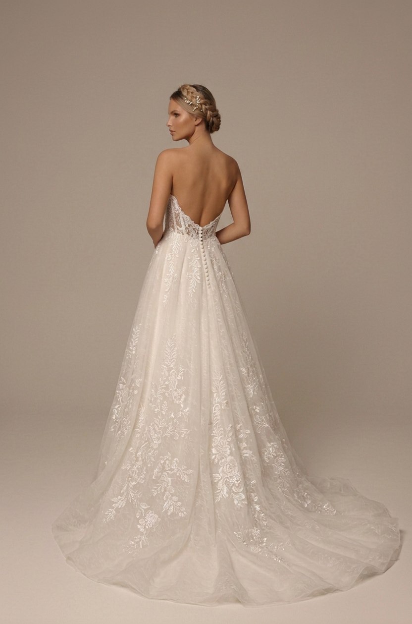 Elegant Strapless Lace A-Line Wedding Dress with Corset Bodice and Sweep Train