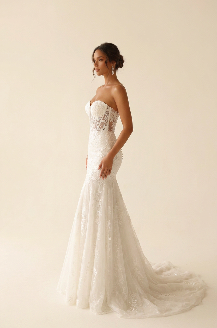 Elegant Strapless Sweetheart White Lace Trumpet Wedding Dresses with Corset and Sweep Train
