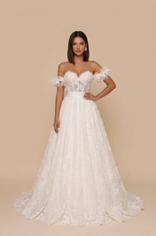 Elegant Off-the-Shoulder Lace A-Line Wedding Dress with Corset and Bow
