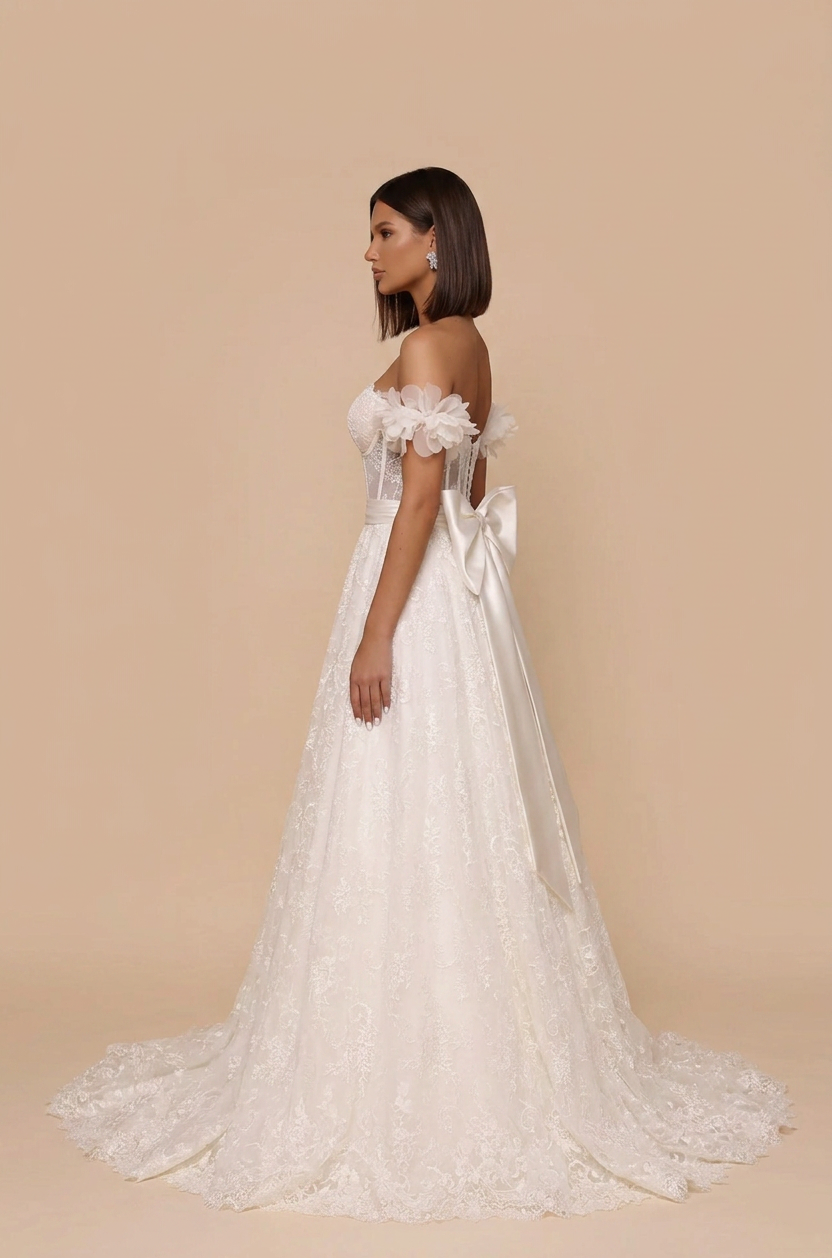 Elegant Off-the-Shoulder Lace A-Line Wedding Dress with Corset and Bow