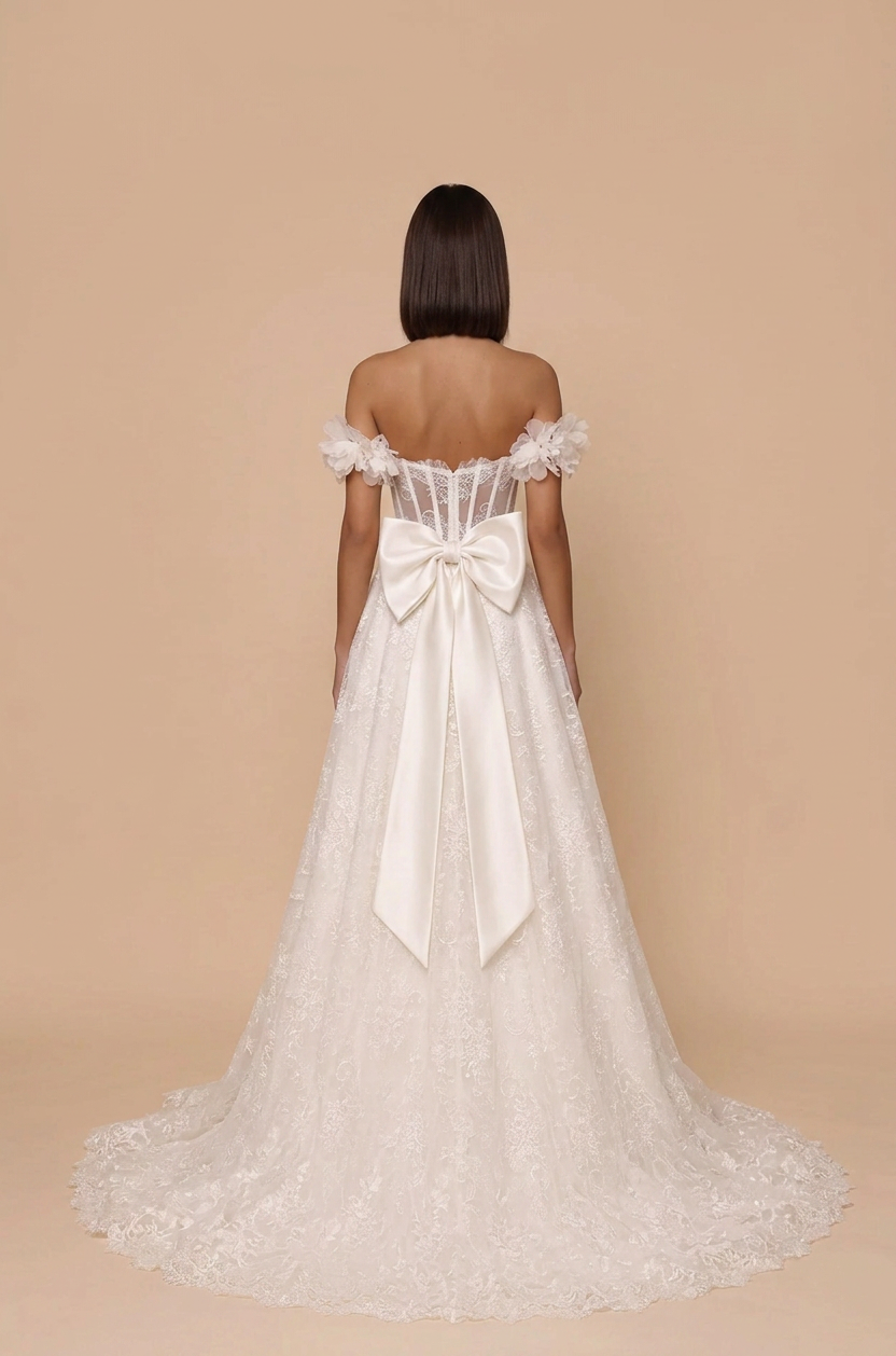 Elegant Off-the-Shoulder Lace A-Line Wedding Dress with Corset and Bow