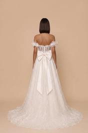 Elegant Off-the-Shoulder Lace A-Line Wedding Dress with Corset and Bow