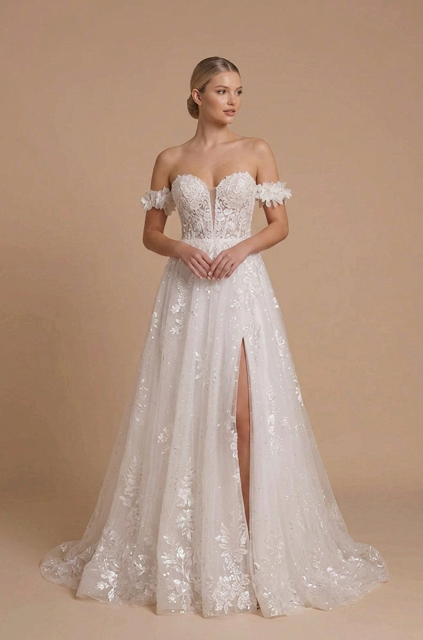 Elegant Off-the-Shoulder White Lace A-Line Wedding Dress with Corset and Leg Slit