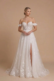 Elegant Off-the-Shoulder White Lace A-Line Wedding Dress with Corset and Leg Slit