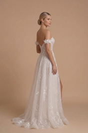 Elegant Off-the-Shoulder White Lace A-Line Wedding Dress with Corset and Leg Slit