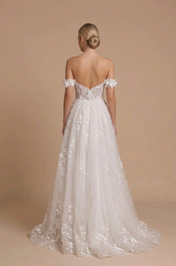 Elegant Off-the-Shoulder White Lace A-Line Wedding Dress with Corset and Leg Slit