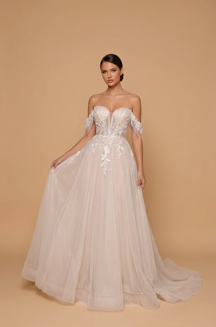 Elegant Off-the-Shoulder White Lace A-Line Wedding Dresses with Corset and Sweep Train
