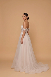 Elegant Off-the-Shoulder White Lace A-Line Wedding Dresses with Corset and Sweep Train
