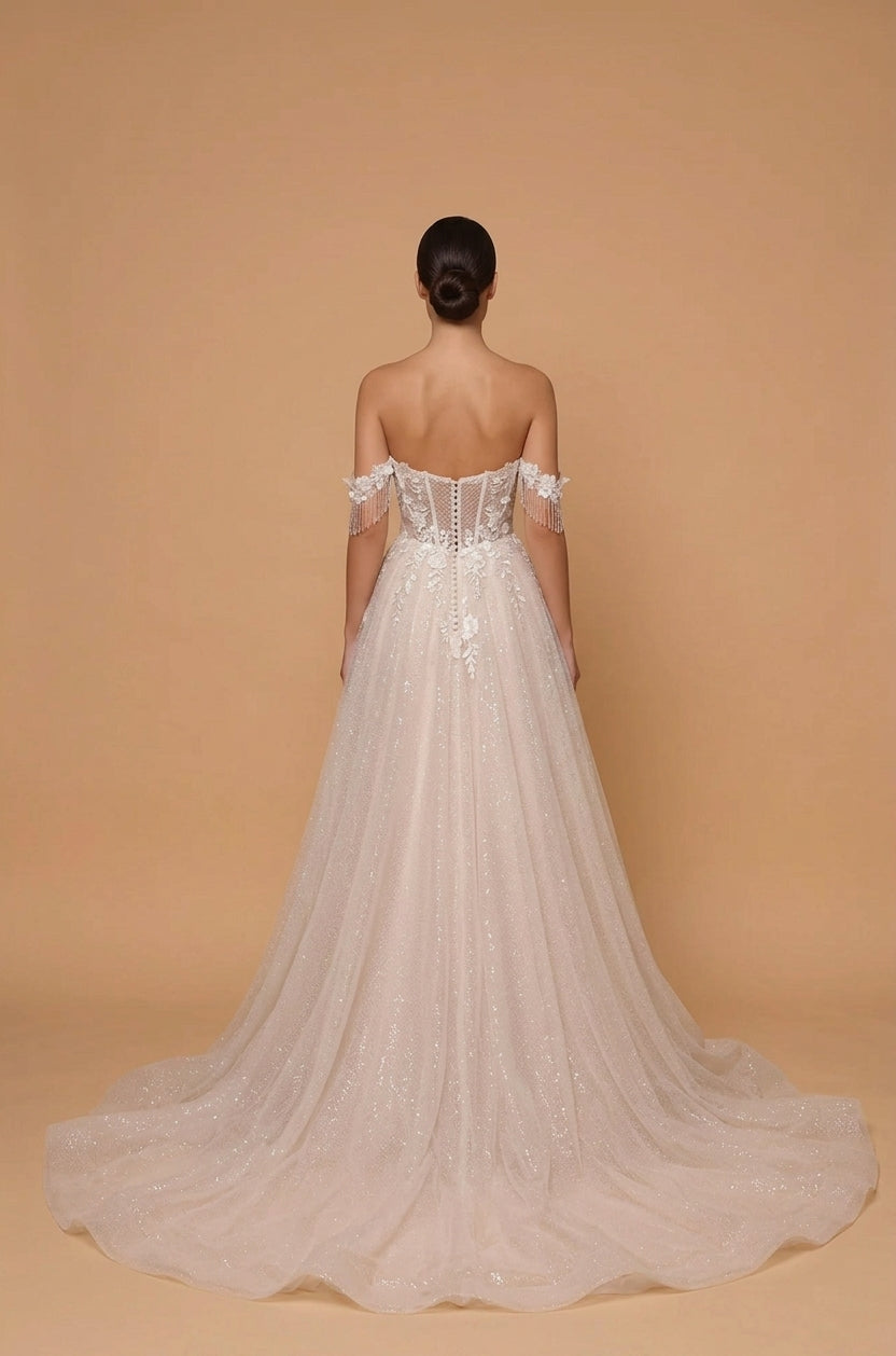 Elegant Off-the-Shoulder White Lace A-Line Wedding Dresses with Corset and Sweep Train