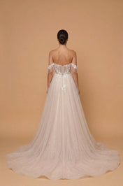 Elegant Off-the-Shoulder White Lace A-Line Wedding Dresses with Corset and Sweep Train