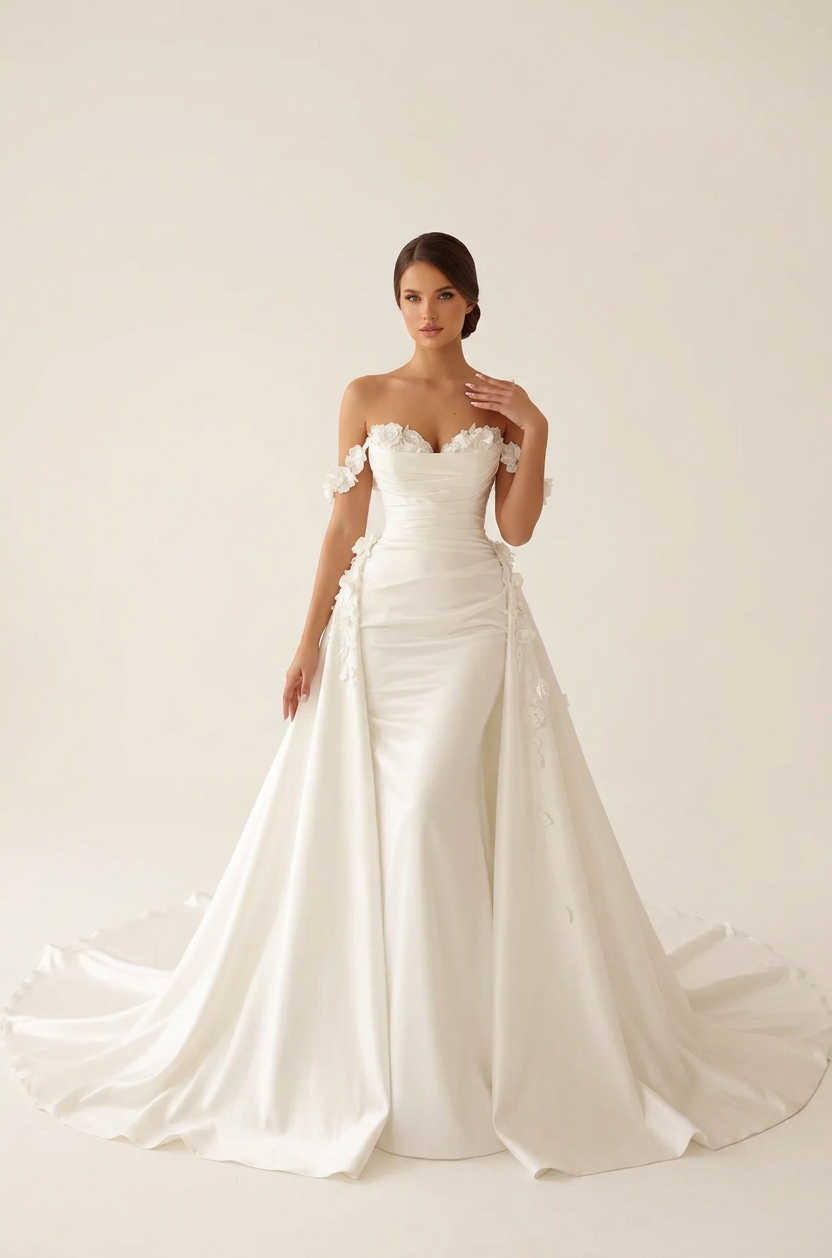 Elegant Off-the-Shoulder Satin Mermaid Wedding Dress with Detachable Overskirt and Sweep Train