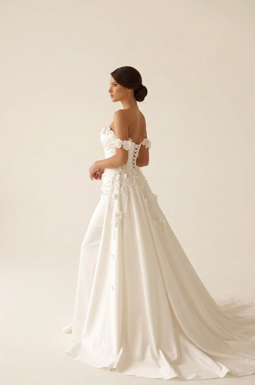 Elegant Off-the-Shoulder Satin Mermaid Wedding Dress with Detachable Overskirt and Sweep Train