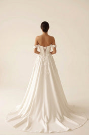 Elegant Off-the-Shoulder Satin Mermaid Wedding Dress with Detachable Overskirt and Sweep Train