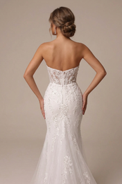 Elegant Strapless White Lace Mermaid Wedding Dress with Corset Bodice and Sweep Train