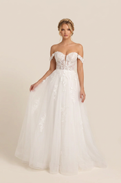 Elegant Off-the-Shoulder White Lace A-Line Wedding Dresses with Corset and Sweep Train