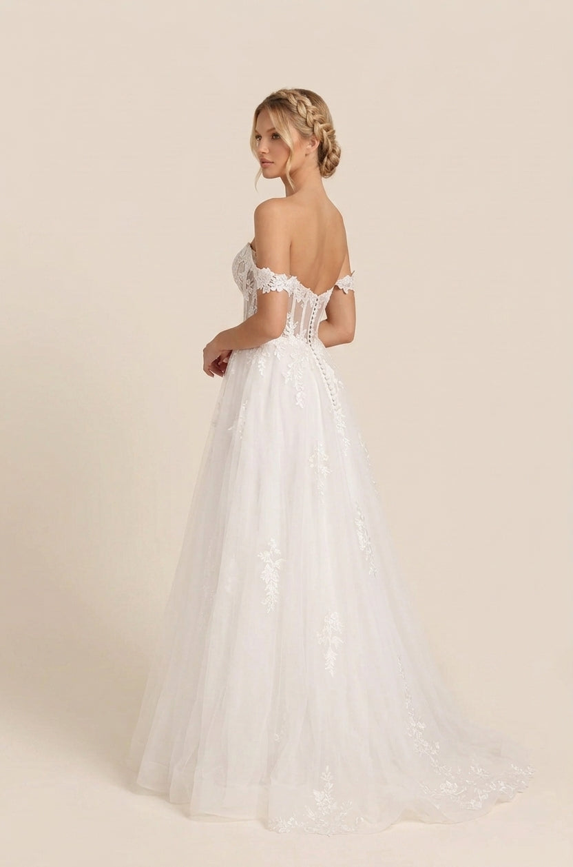 Elegant Off-the-Shoulder White Lace A-Line Wedding Dresses with Corset and Sweep Train