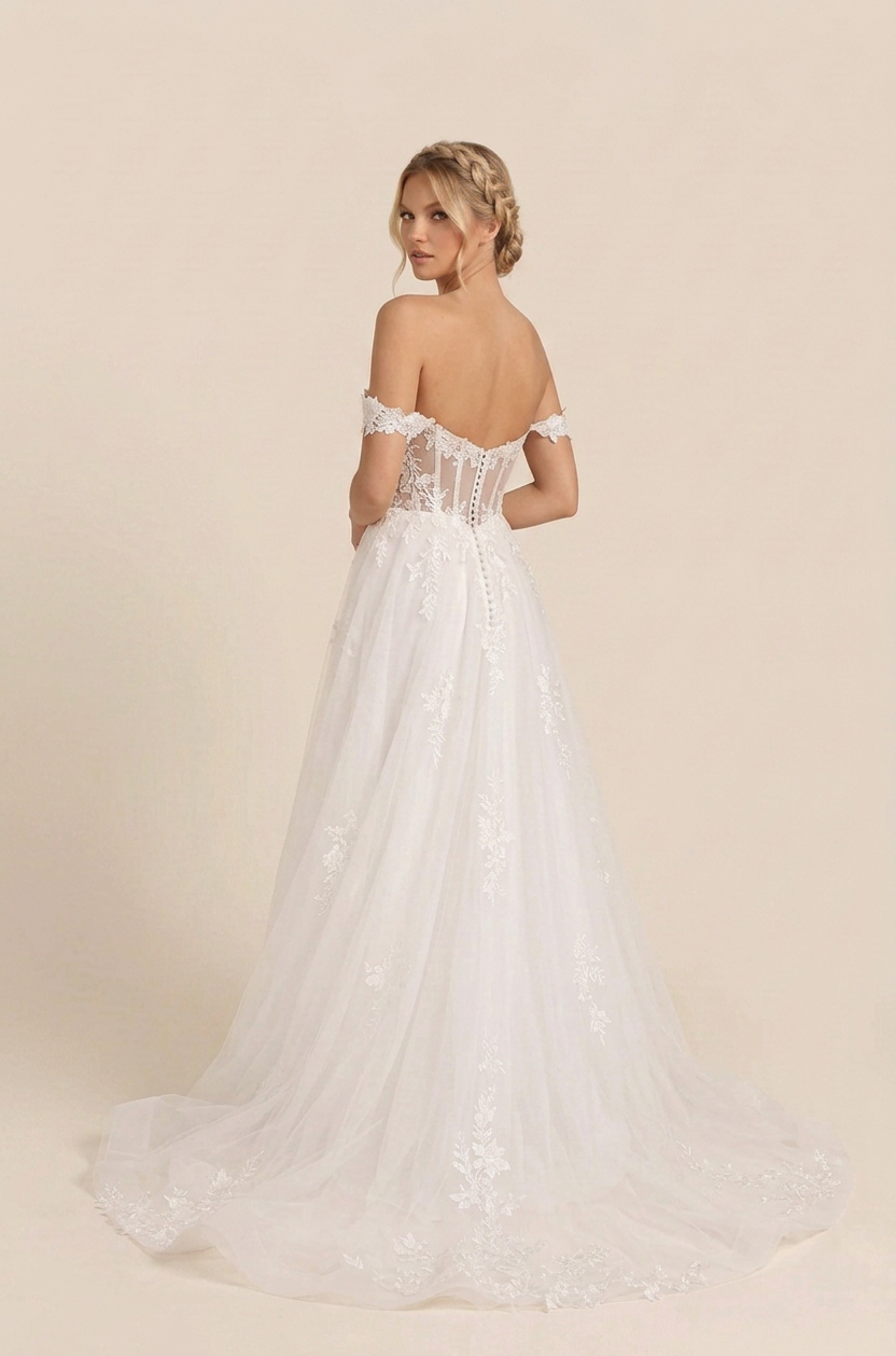 Elegant Off-the-Shoulder White Lace A-Line Wedding Dresses with Corset and Sweep Train