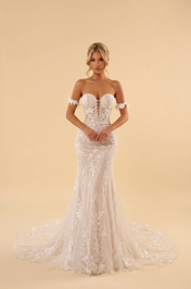 Elegant Off-the-Shoulder White Lace Mermaid Wedding Dress with Corset Bodice and Sweep Train