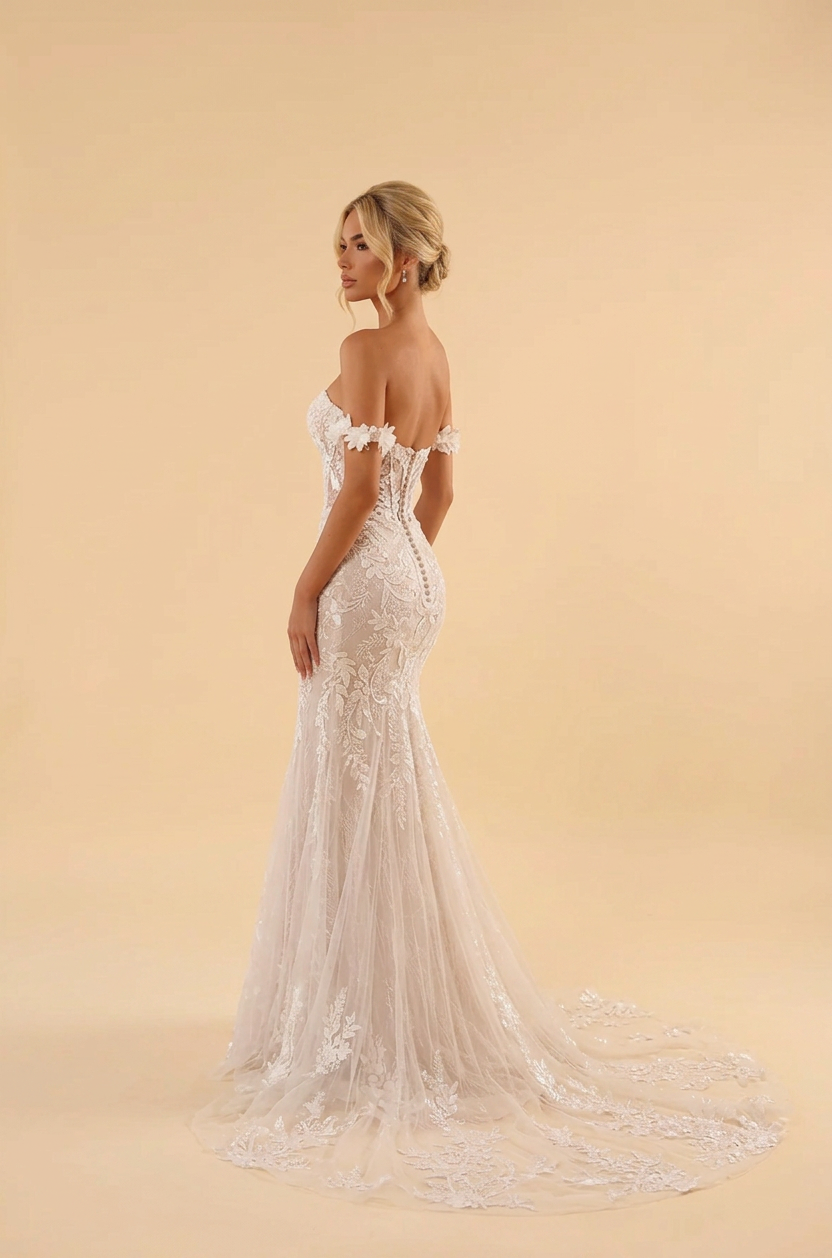 Elegant Off-the-Shoulder White Lace Mermaid Wedding Dress with Corset Bodice and Sweep Train