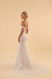 Elegant Off-the-Shoulder White Lace Mermaid Wedding Dress with Corset Bodice and Sweep Train